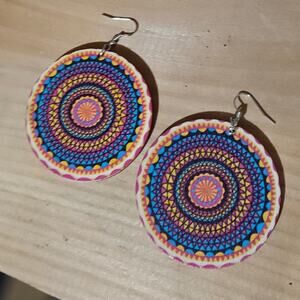 Boutique Lightweight Round Colorful Mandala-Patterned Wooden Dangle Earrings